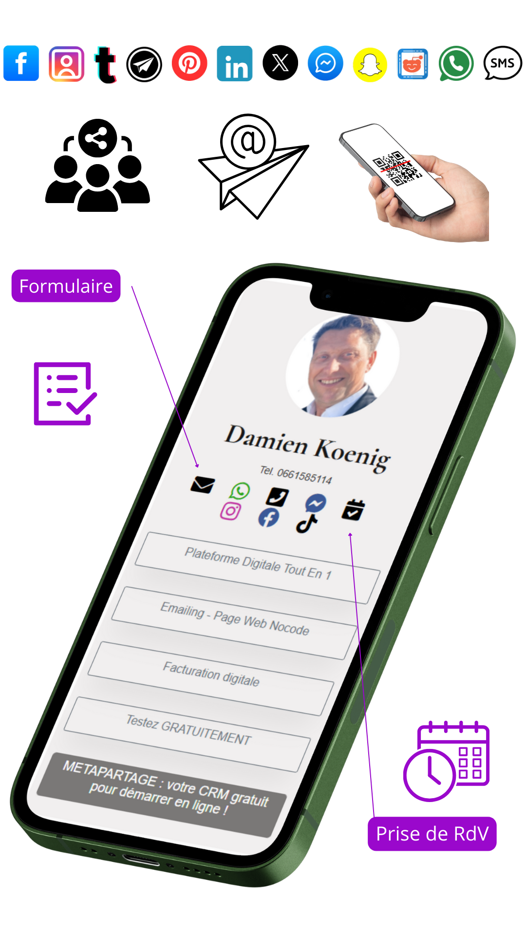 Schéma de partage de la carte de visite digitale sur les réseaux sociaux