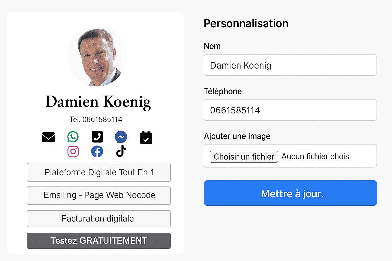 Interface de personnalisation de la carte de visite digitale Metapartage