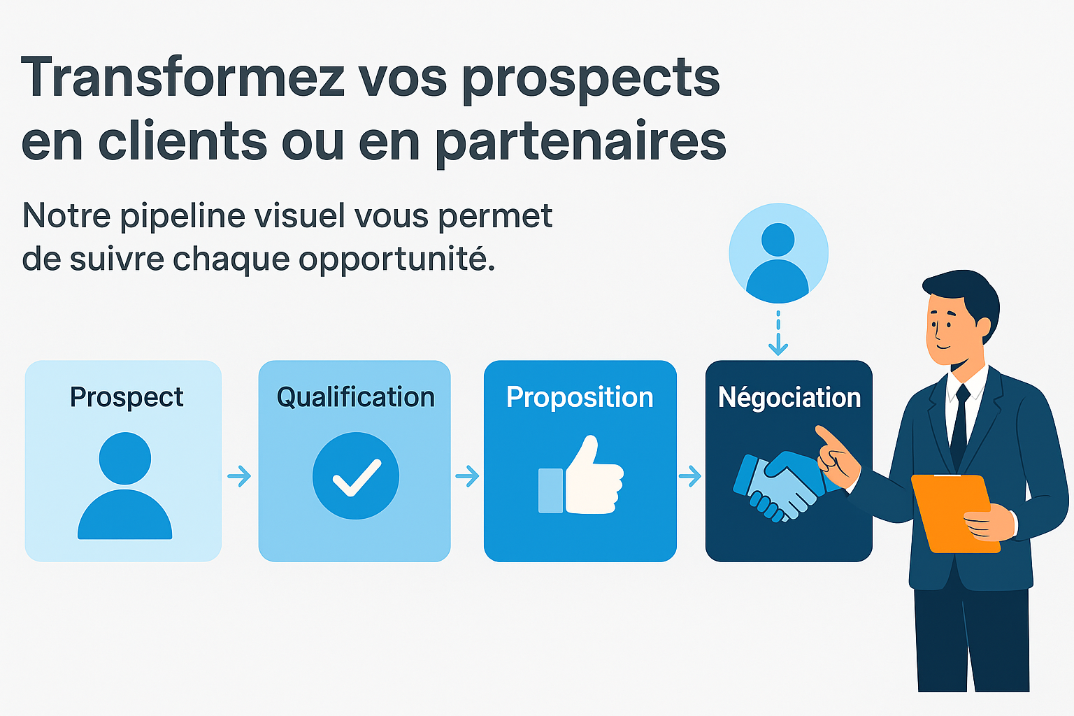 Vue du pipeline de vente dans le CRM Metapartage